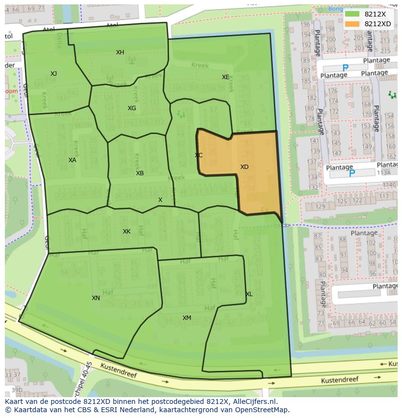 Afbeelding van het postcodegebied 8212 XD op de kaart.