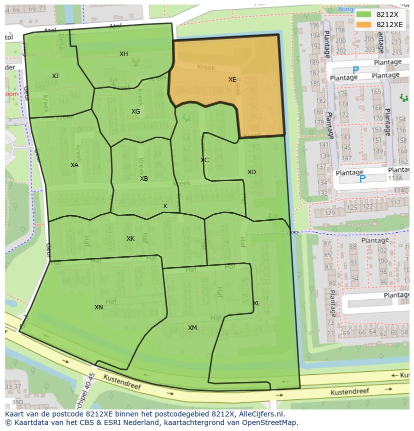 Afbeelding van het postcodegebied 8212 XE op de kaart.