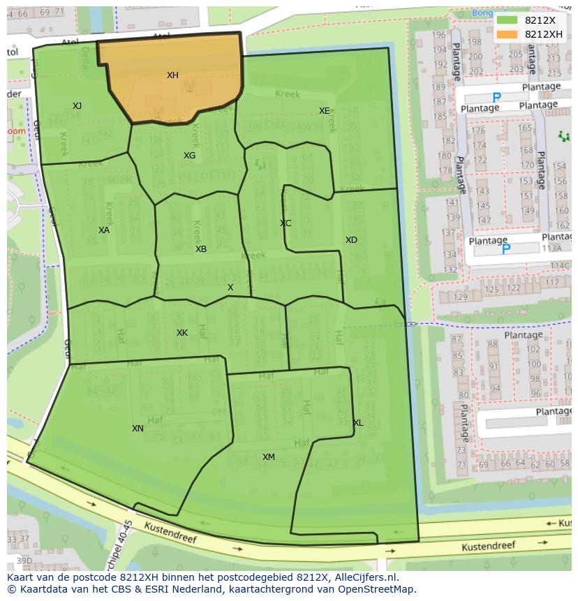 Afbeelding van het postcodegebied 8212 XH op de kaart.