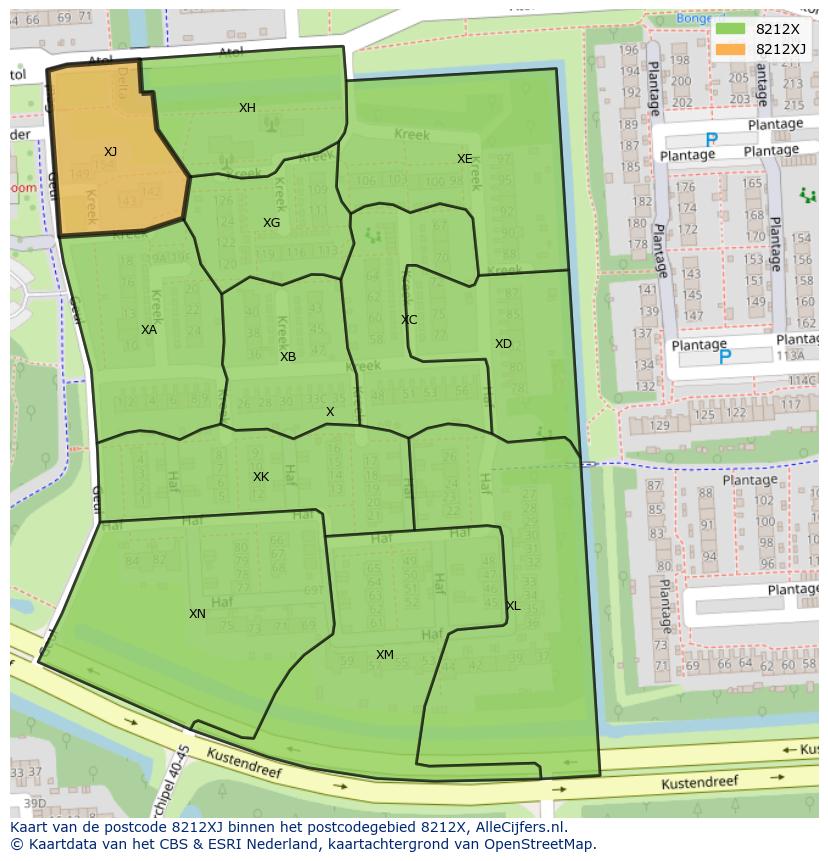 Afbeelding van het postcodegebied 8212 XJ op de kaart.