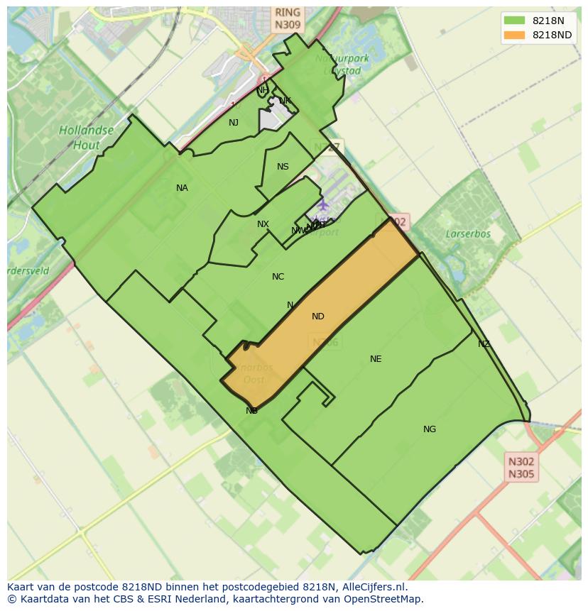 Afbeelding van het postcodegebied 8218 ND op de kaart.