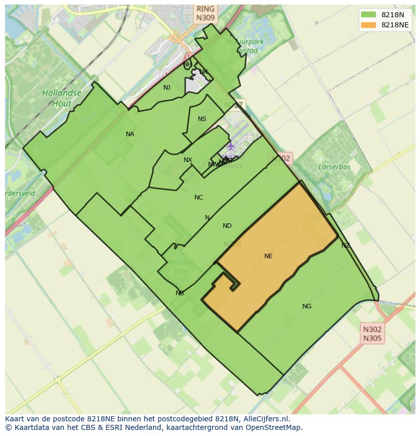 Afbeelding van het postcodegebied 8218 NE op de kaart.