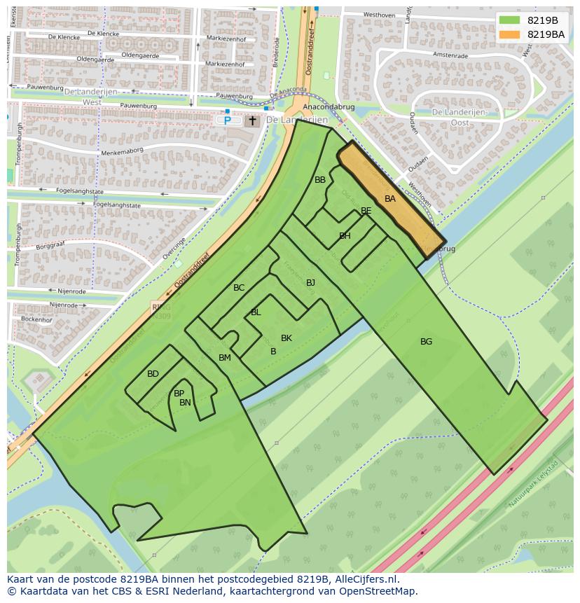 Afbeelding van het postcodegebied 8219 BA op de kaart.