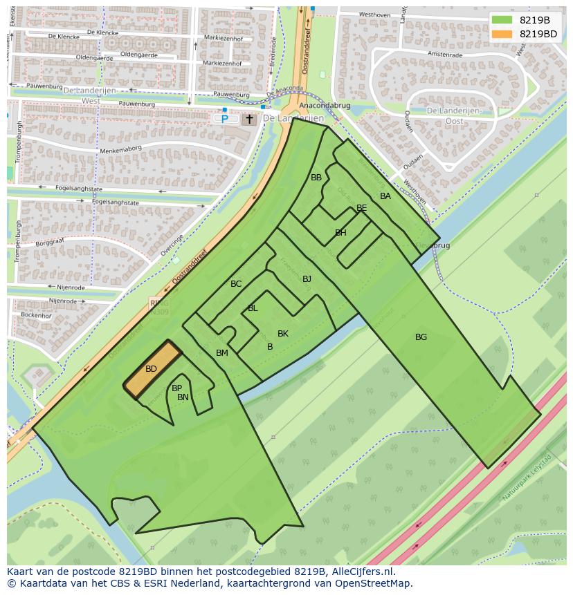 Afbeelding van het postcodegebied 8219 BD op de kaart.