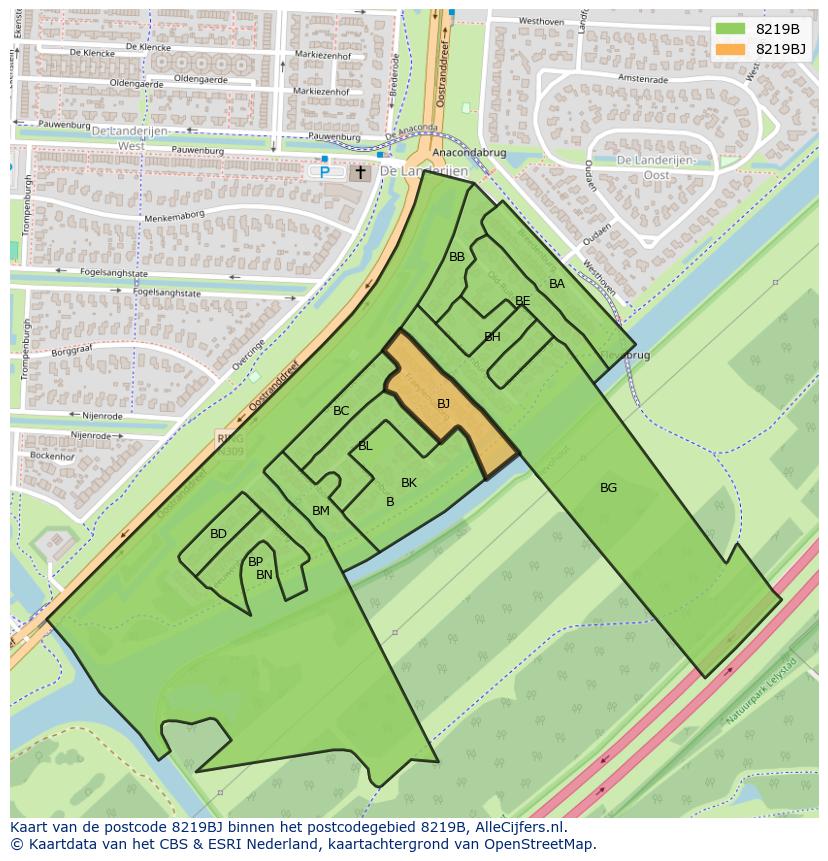 Afbeelding van het postcodegebied 8219 BJ op de kaart.