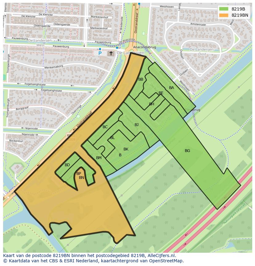 Afbeelding van het postcodegebied 8219 BN op de kaart.