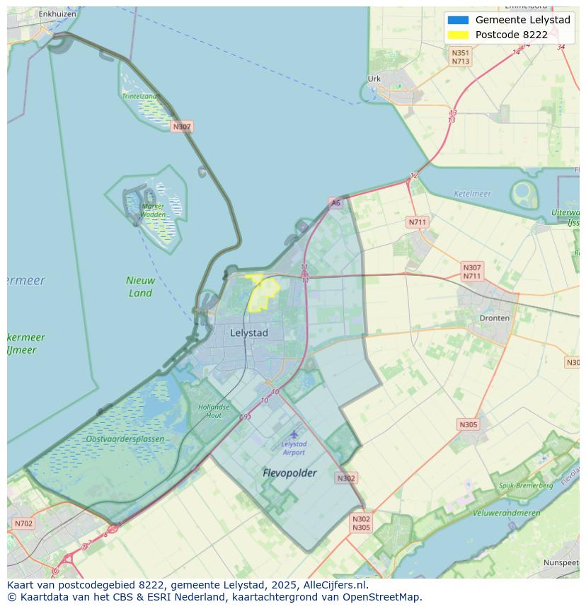 Afbeelding van het postcodegebied 8222 op de kaart.