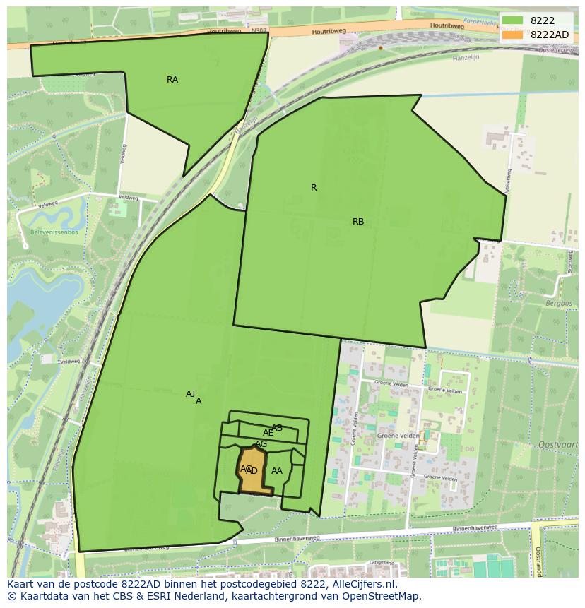 Afbeelding van het postcodegebied 8222 AD op de kaart.