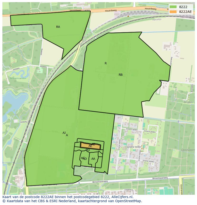 Afbeelding van het postcodegebied 8222 AE op de kaart.
