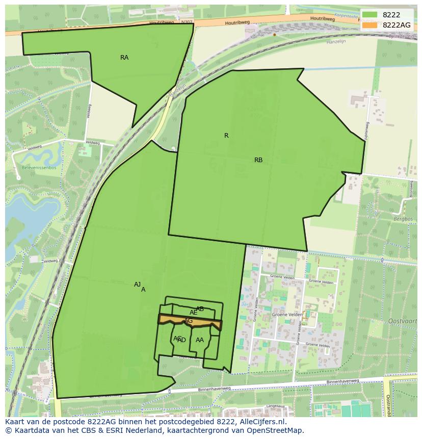 Afbeelding van het postcodegebied 8222 AG op de kaart.