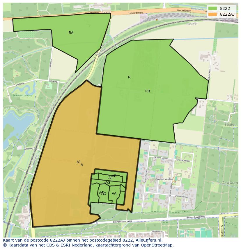 Afbeelding van het postcodegebied 8222 AJ op de kaart.