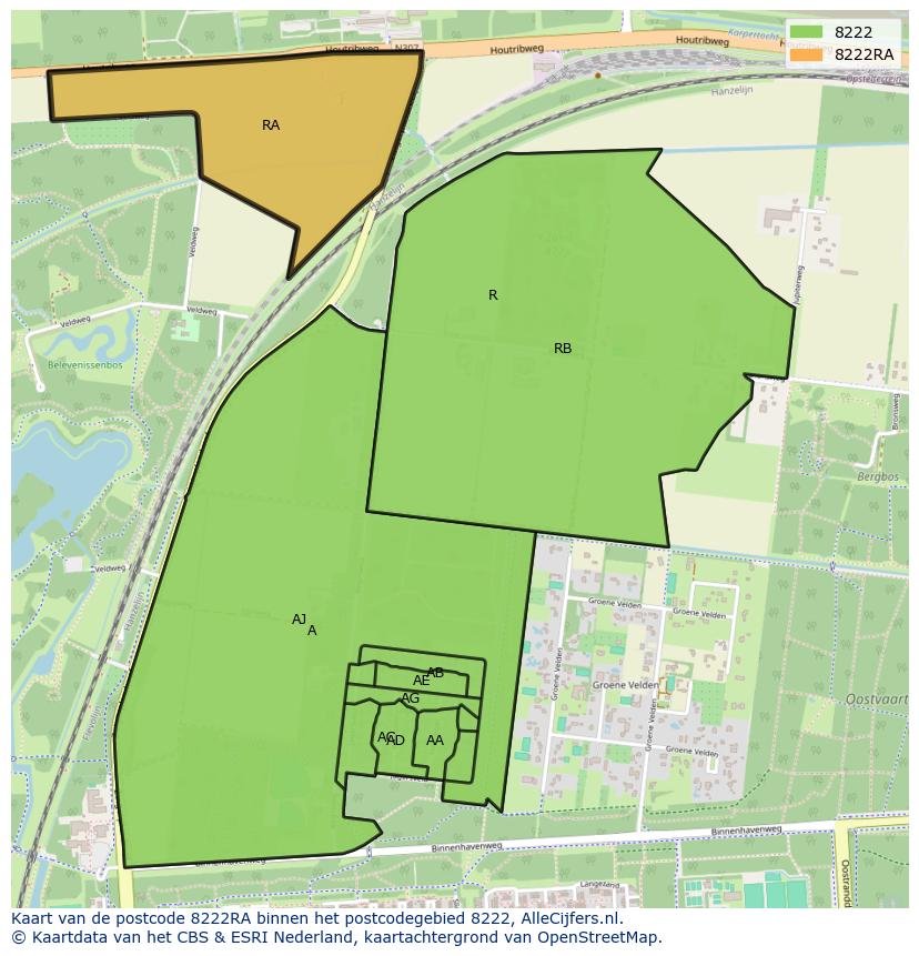 Afbeelding van het postcodegebied 8222 RA op de kaart.