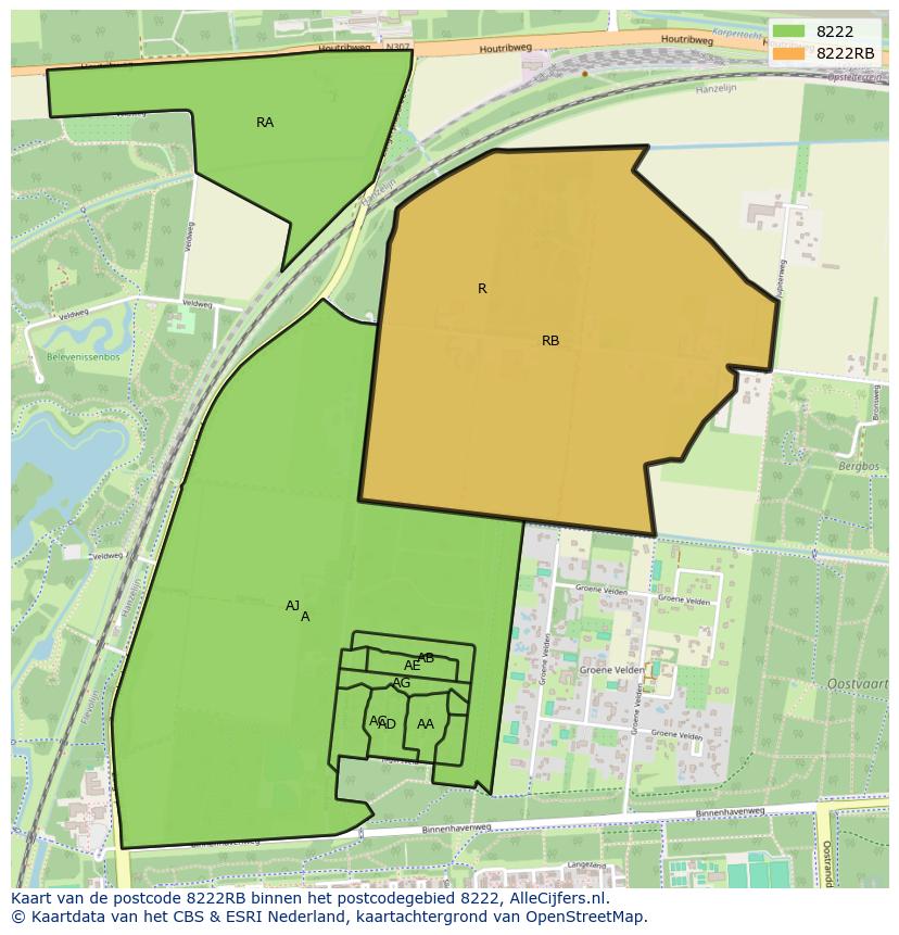 Afbeelding van het postcodegebied 8222 RB op de kaart.