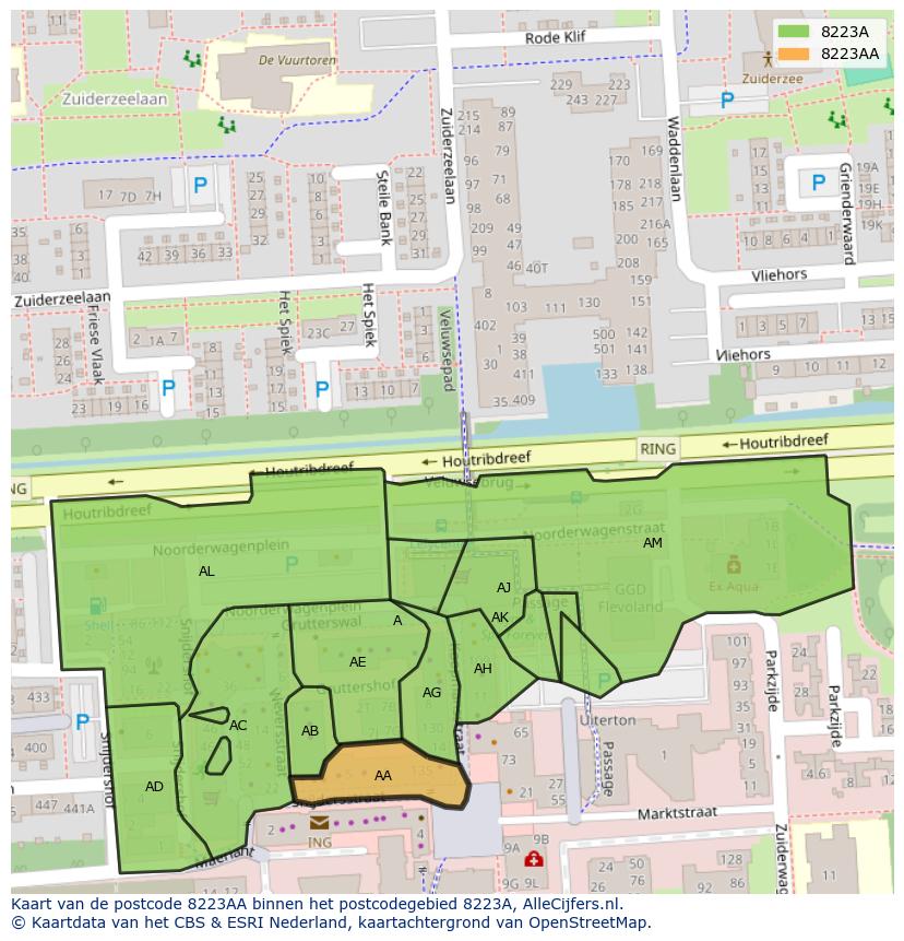 Afbeelding van het postcodegebied 8223 AA op de kaart.