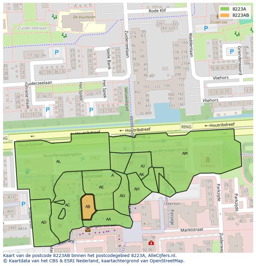 Afbeelding van het postcodegebied 8223 AB op de kaart.
