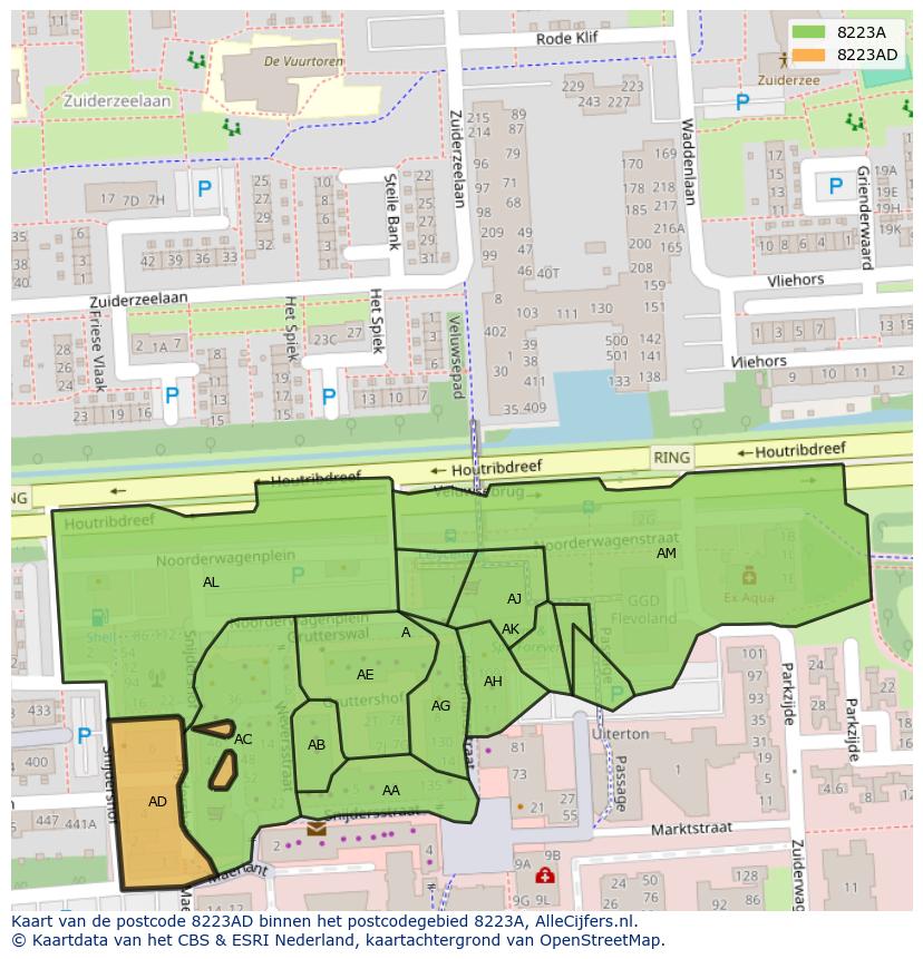 Afbeelding van het postcodegebied 8223 AD op de kaart.
