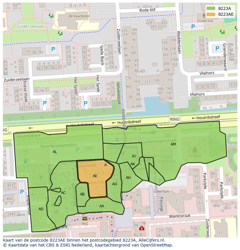 Afbeelding van het postcodegebied 8223 AE op de kaart.