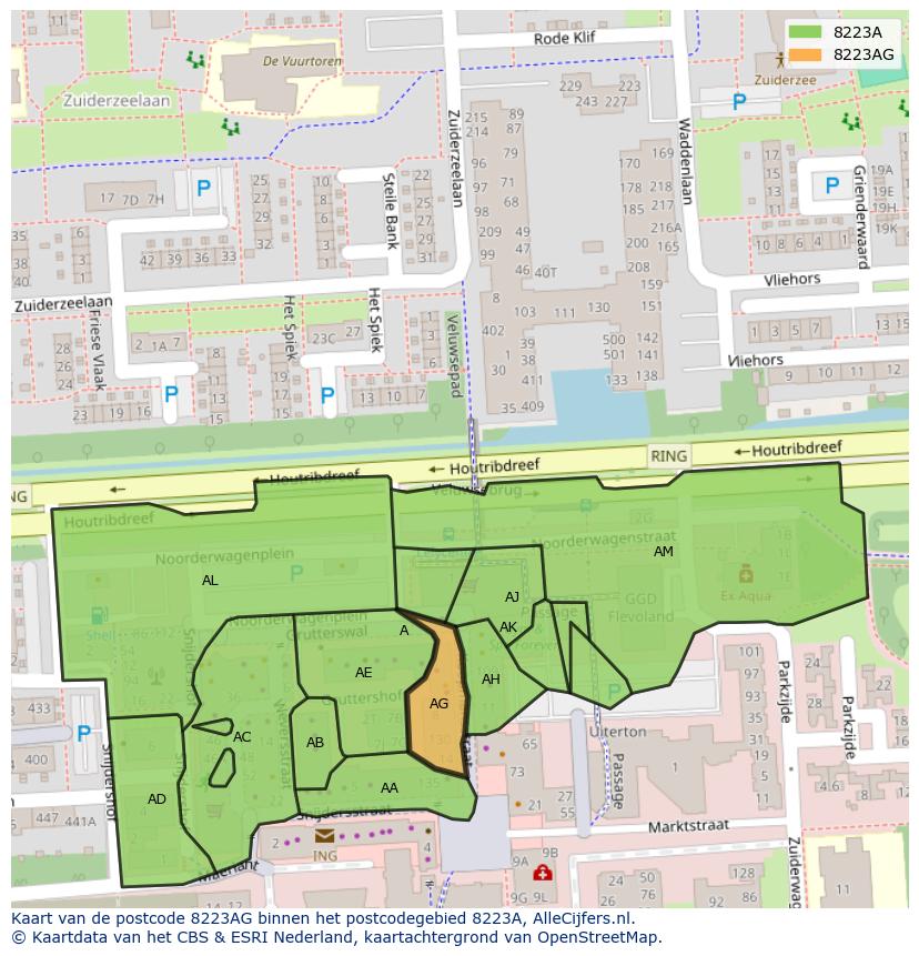 Afbeelding van het postcodegebied 8223 AG op de kaart.