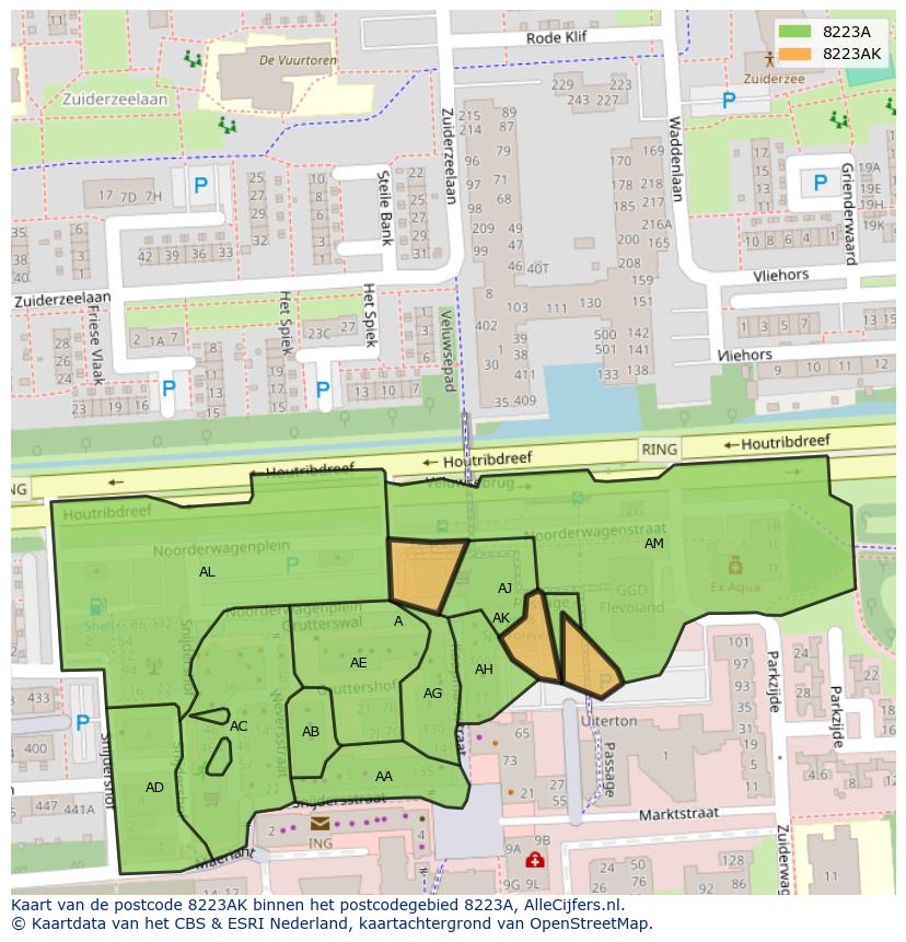 Afbeelding van het postcodegebied 8223 AK op de kaart.