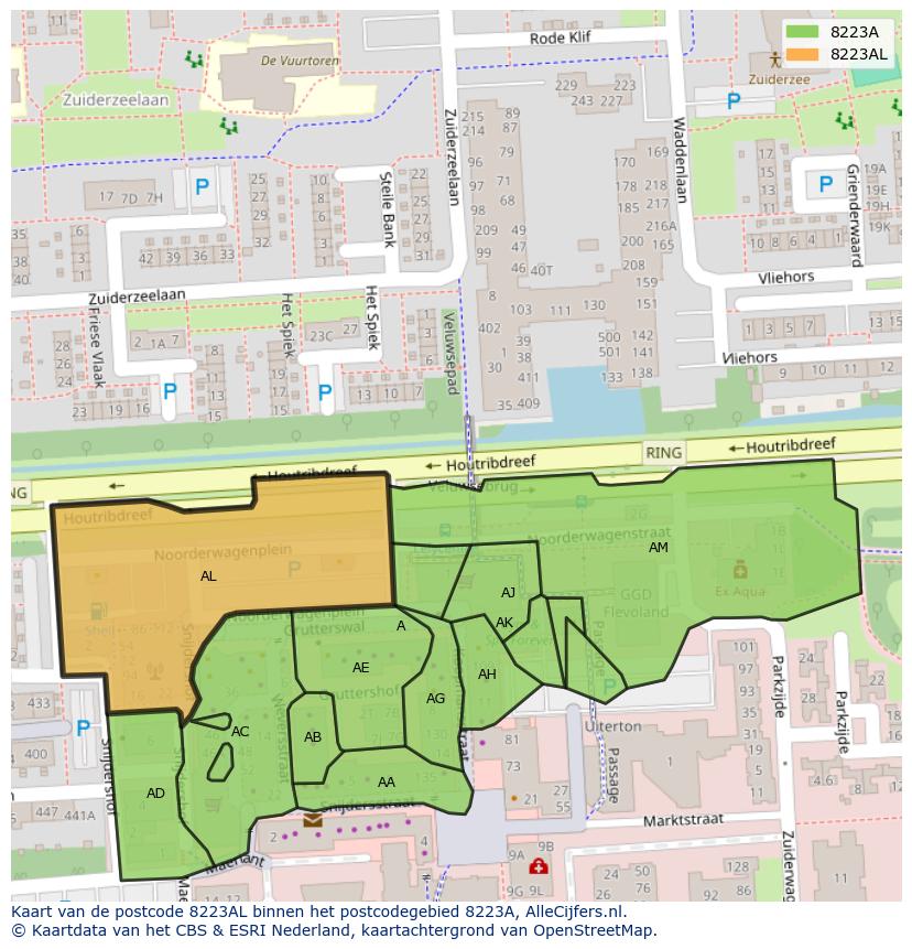 Afbeelding van het postcodegebied 8223 AL op de kaart.