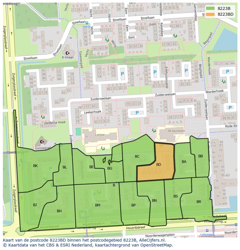 Afbeelding van het postcodegebied 8223 BD op de kaart.