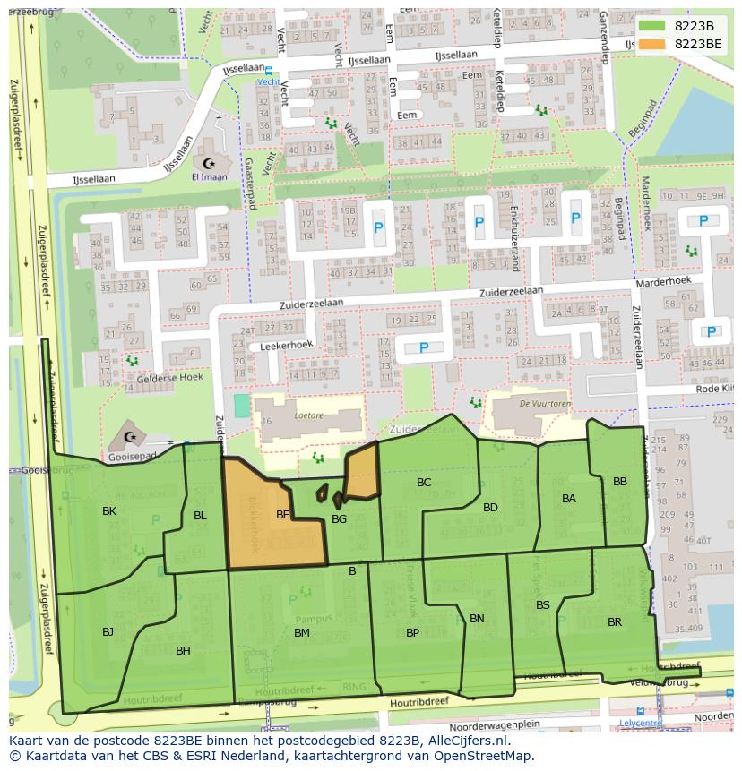 Afbeelding van het postcodegebied 8223 BE op de kaart.
