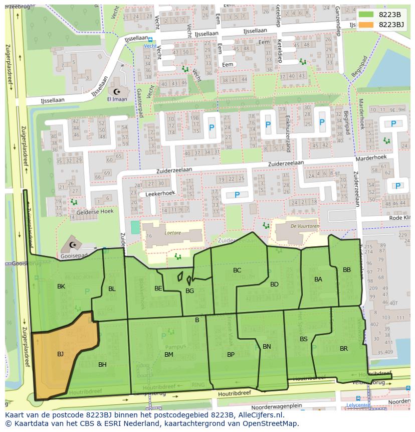 Afbeelding van het postcodegebied 8223 BJ op de kaart.