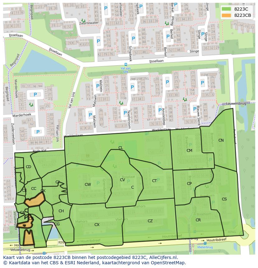 Afbeelding van het postcodegebied 8223 CB op de kaart.
