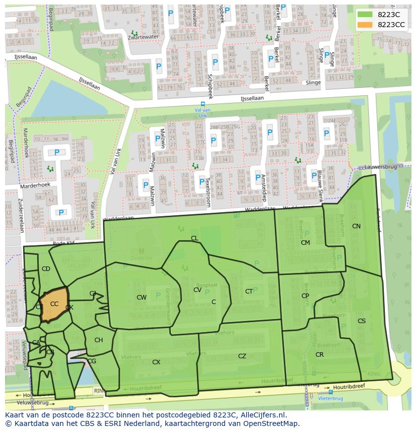 Afbeelding van het postcodegebied 8223 CC op de kaart.