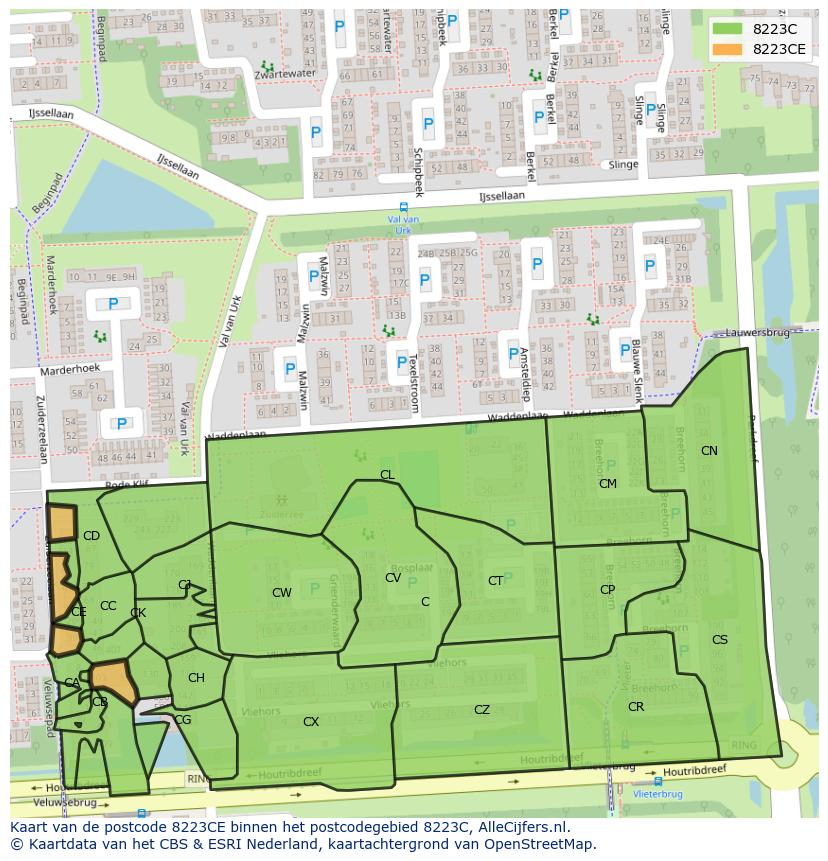 Afbeelding van het postcodegebied 8223 CE op de kaart.