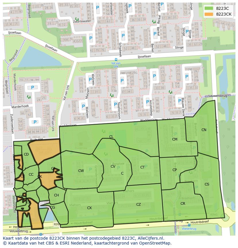 Afbeelding van het postcodegebied 8223 CK op de kaart.