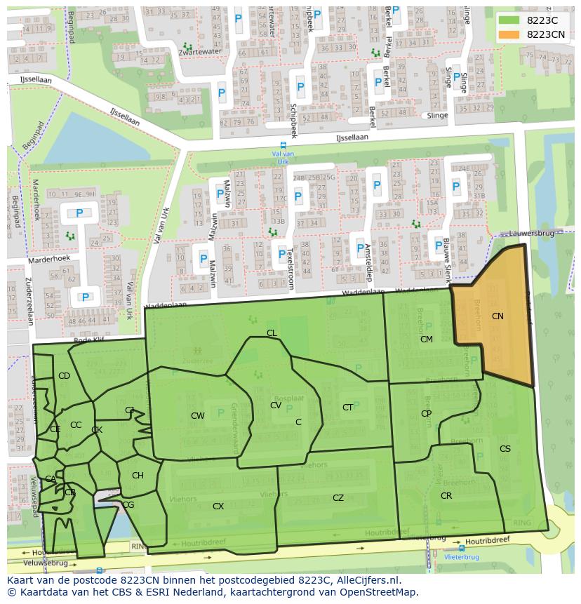 Afbeelding van het postcodegebied 8223 CN op de kaart.