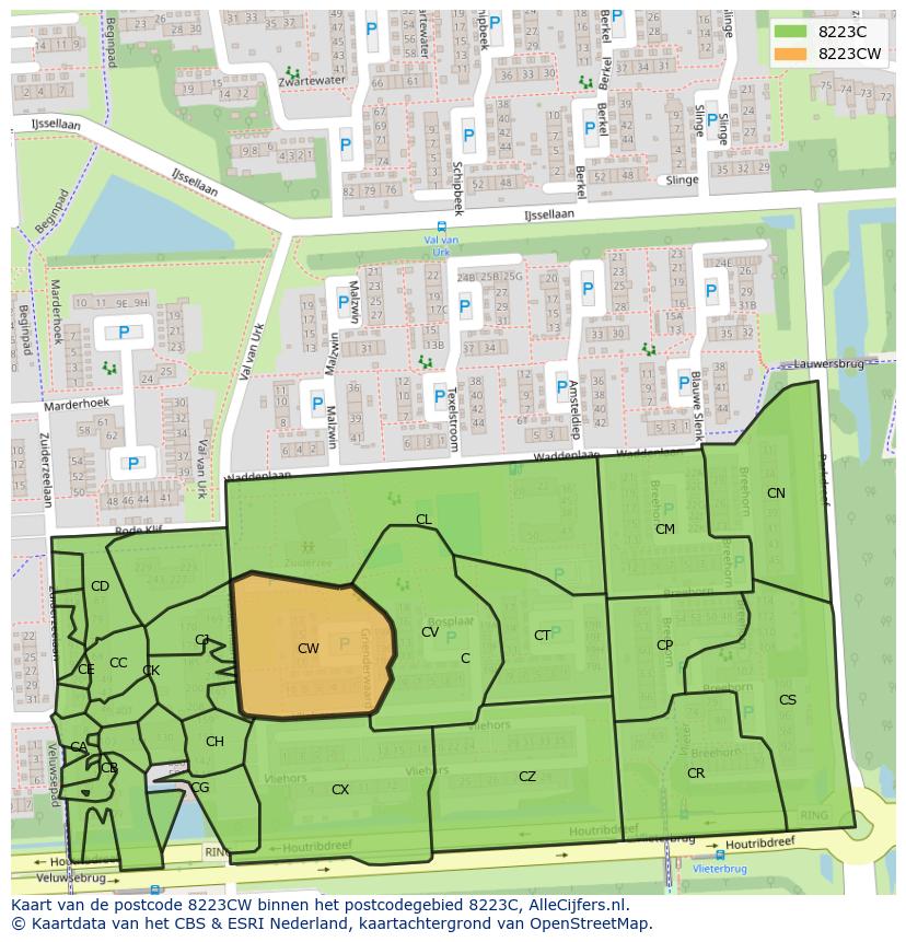 Afbeelding van het postcodegebied 8223 CW op de kaart.