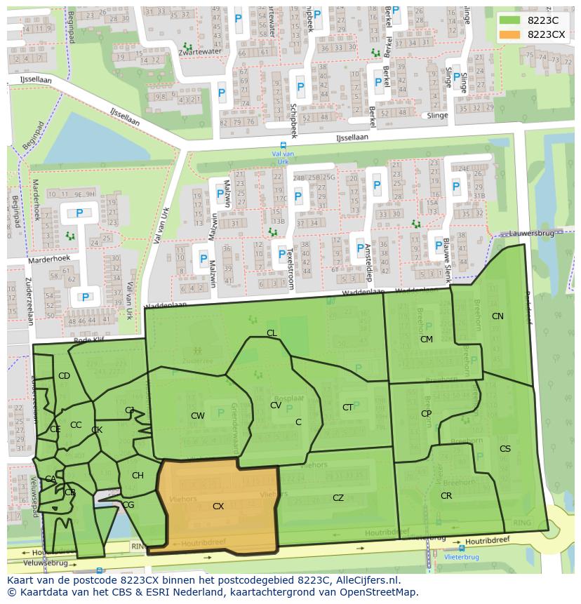 Afbeelding van het postcodegebied 8223 CX op de kaart.