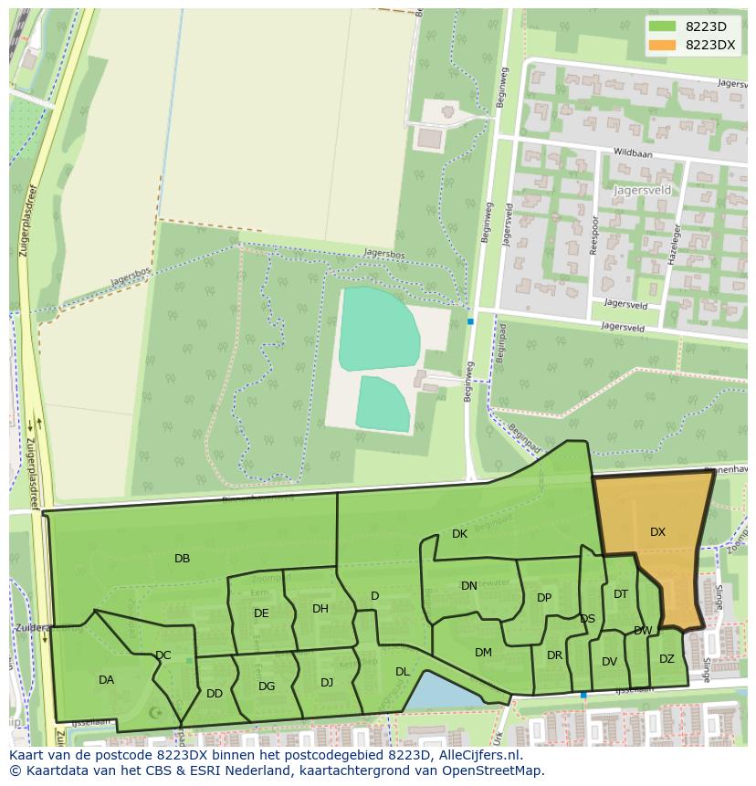 Afbeelding van het postcodegebied 8223 DX op de kaart.