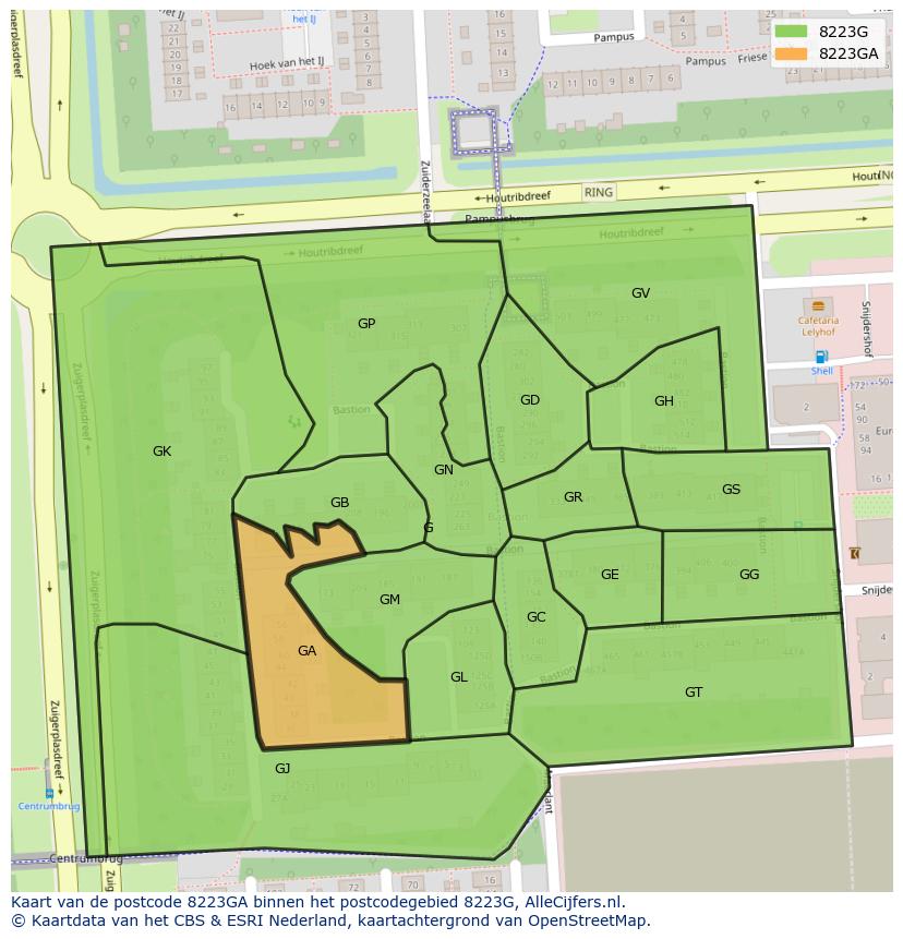Afbeelding van het postcodegebied 8223 GA op de kaart.