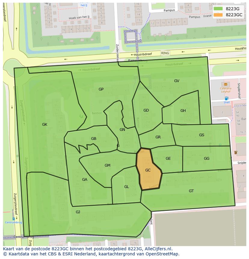 Afbeelding van het postcodegebied 8223 GC op de kaart.