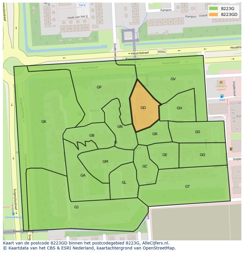Afbeelding van het postcodegebied 8223 GD op de kaart.