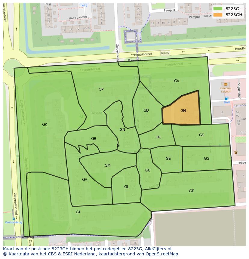 Afbeelding van het postcodegebied 8223 GH op de kaart.