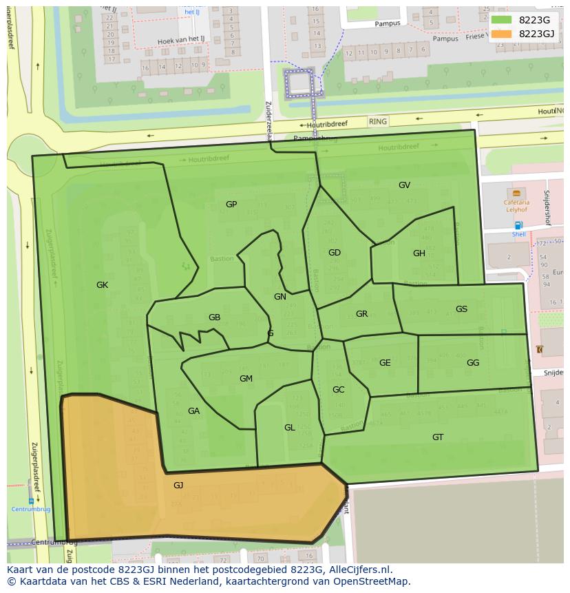 Afbeelding van het postcodegebied 8223 GJ op de kaart.