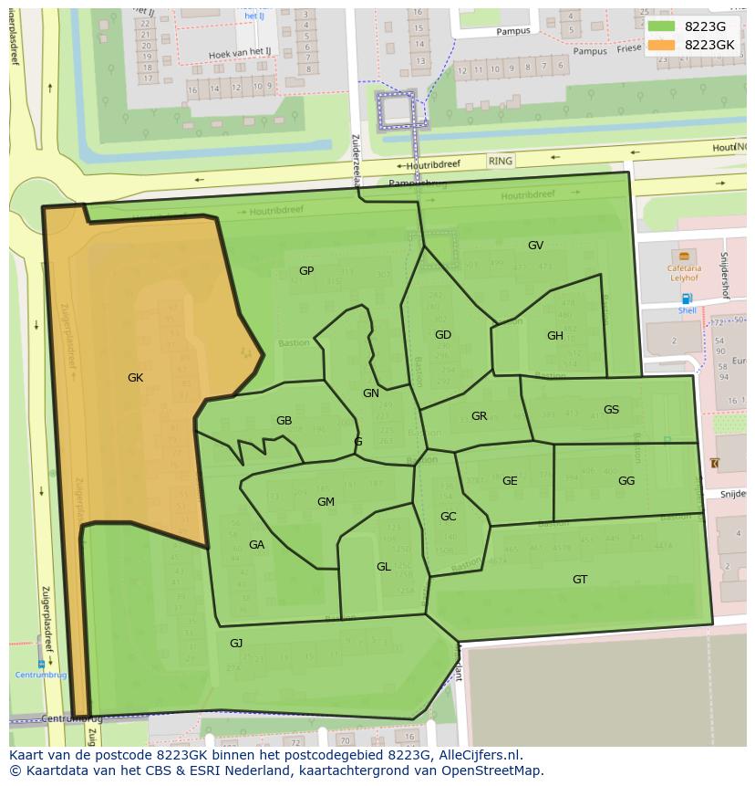 Afbeelding van het postcodegebied 8223 GK op de kaart.