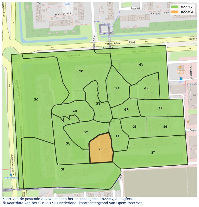 Afbeelding van het postcodegebied 8223 GL op de kaart.