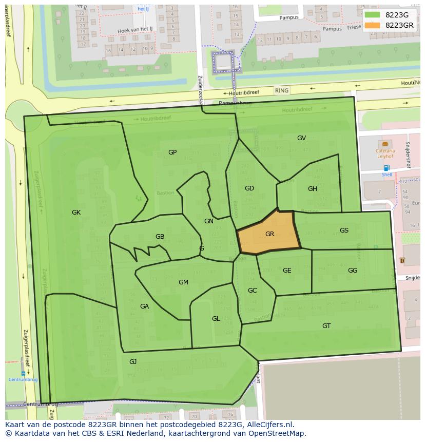 Afbeelding van het postcodegebied 8223 GR op de kaart.