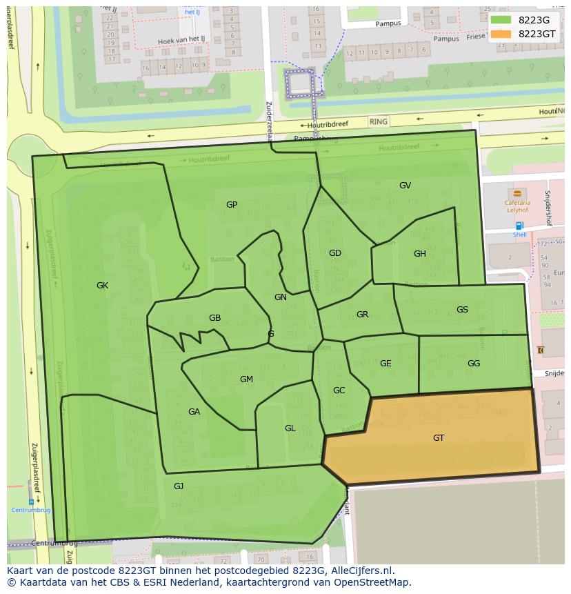 Afbeelding van het postcodegebied 8223 GT op de kaart.