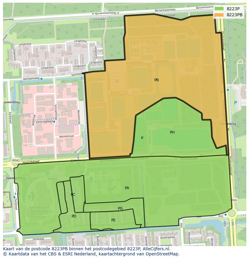 Afbeelding van het postcodegebied 8223 PB op de kaart.