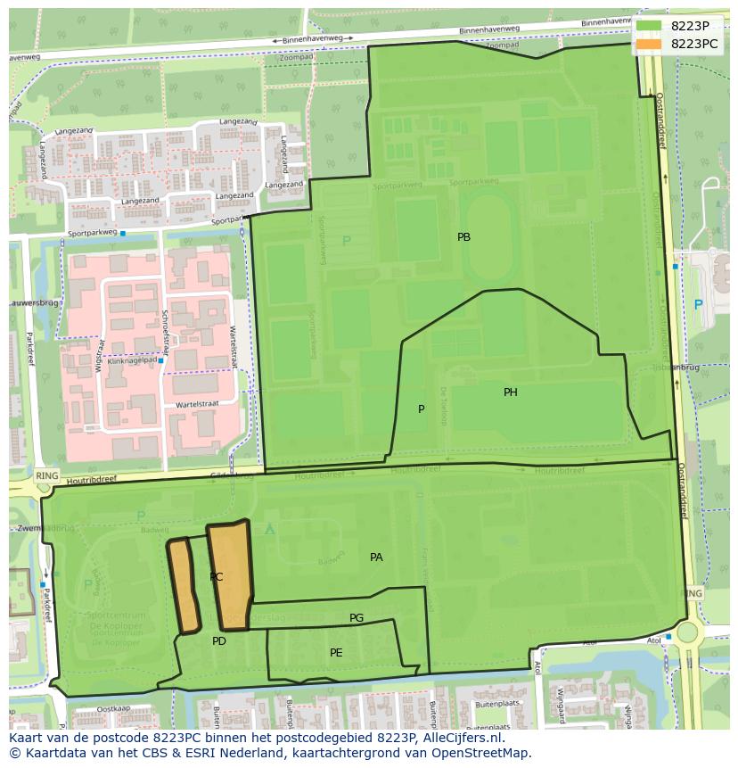Afbeelding van het postcodegebied 8223 PC op de kaart.