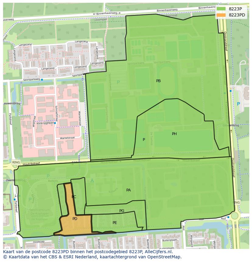 Afbeelding van het postcodegebied 8223 PD op de kaart.