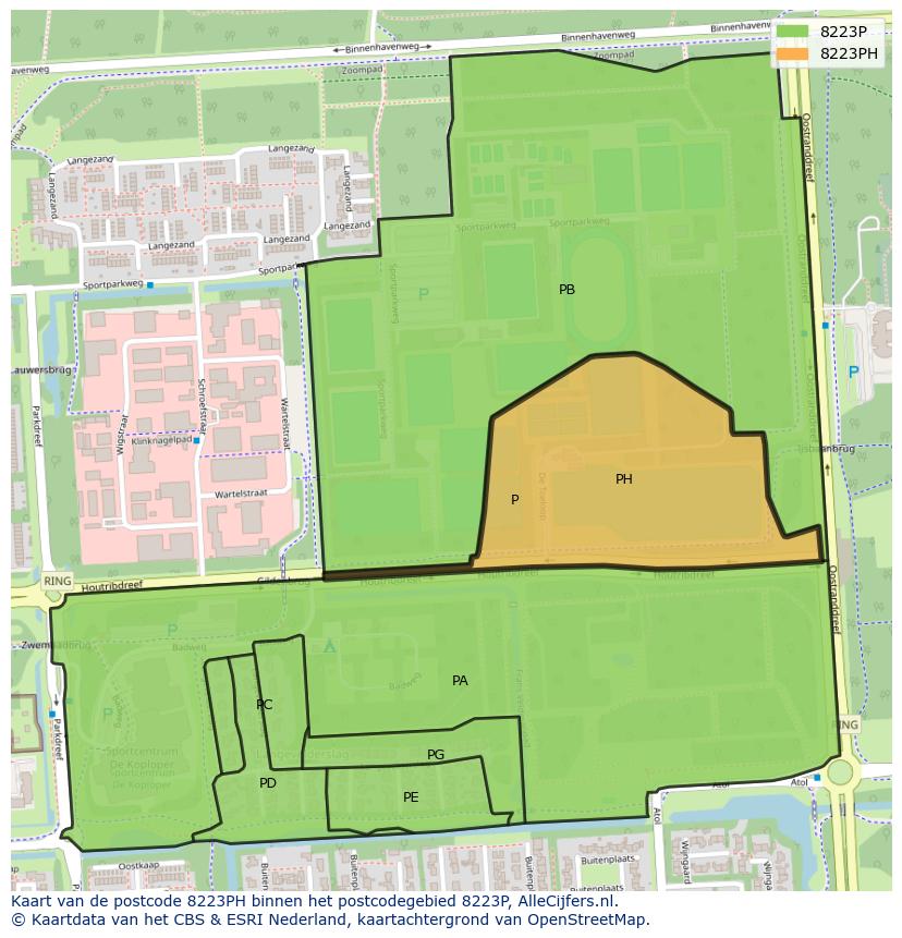 Afbeelding van het postcodegebied 8223 PH op de kaart.