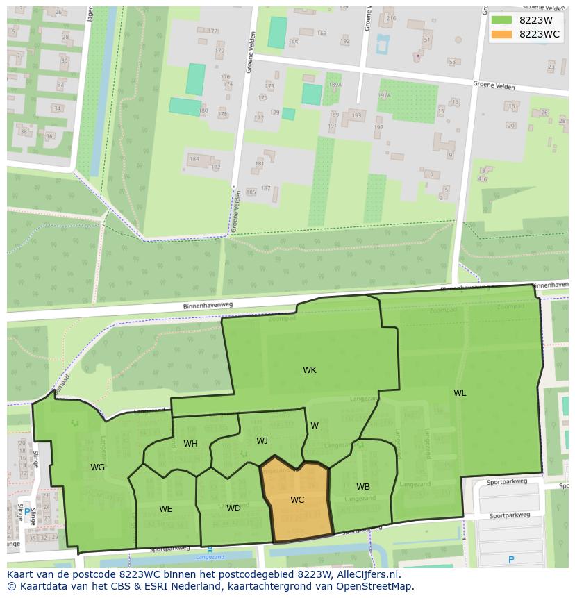 Afbeelding van het postcodegebied 8223 WC op de kaart.