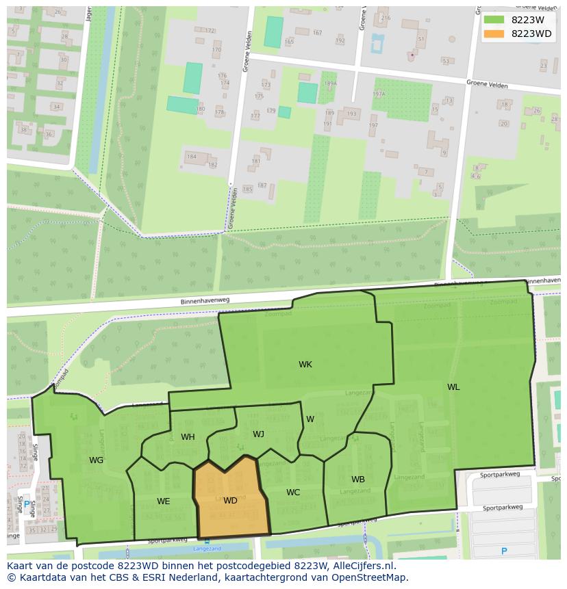 Afbeelding van het postcodegebied 8223 WD op de kaart.